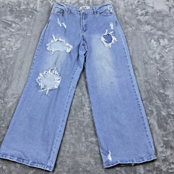 Distressed Wide Leg High Rise Jeans Ripped Denim Casual Womens Size 17 W32 L32 - Picture 9 of 15